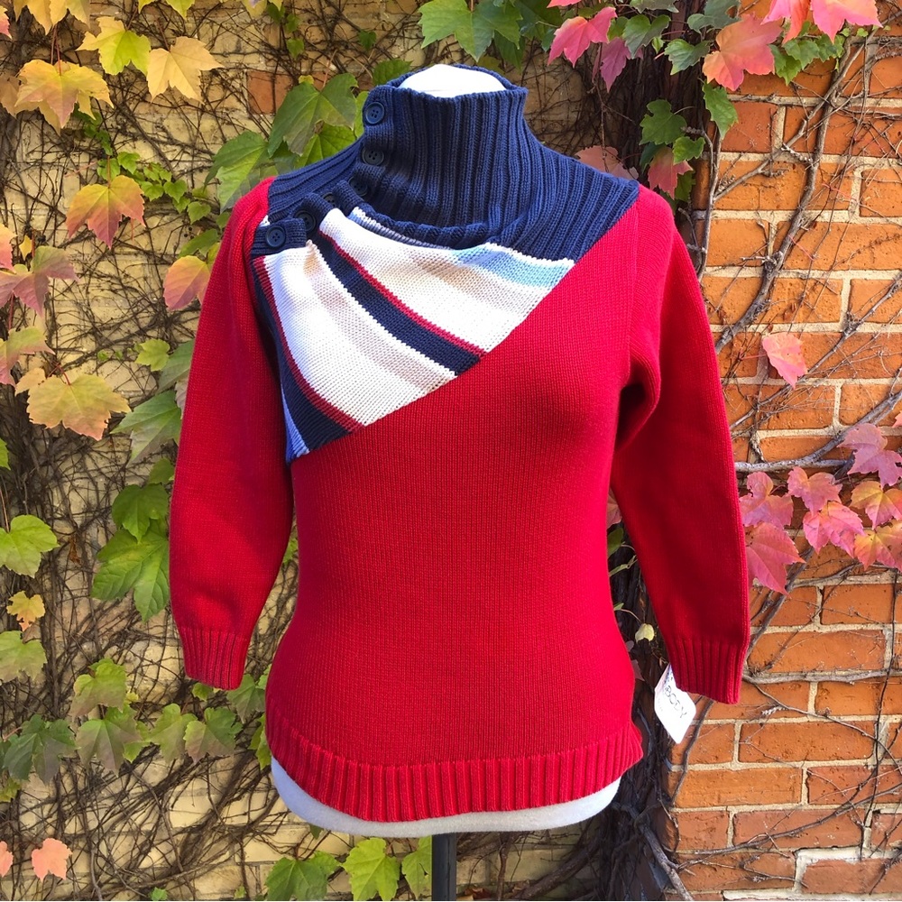 Cotton Knit Ruche Sweater Button Collar Asymmetric Upcycled Red Blue Stripe S
